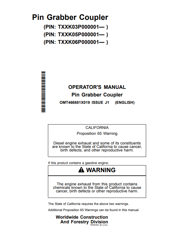 HITACHI ZAXIS35U-5N, 50U-5N, 60USB-5N PIN GRABBER COUPLER OPERATOR MANUAL OMT466881X019