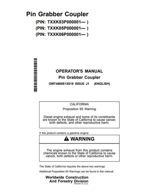 HITACHI ZAXIS35U-5N, 50U-5N, 60USB-5N PIN GRABBER COUPLER OPERATOR MANUAL OMT466881X019