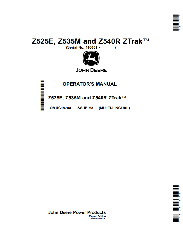 JOHN DEERE Z525E, Z535M AND Z540R ZTRAK™ OPERATOR MANUAL OMUC18704