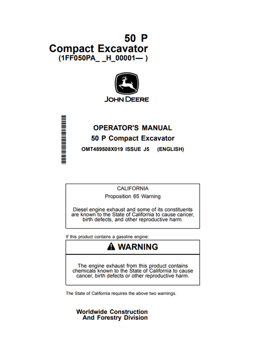 JOHN DEERE 50 P COMPACT EXCAVATOR OPERATOR MANUAL OMT489508X019