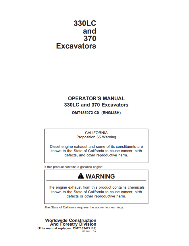 JOHN DEERE 330LC AND 370 EXCAVATOR OPERATOR MANUAL OMT185072