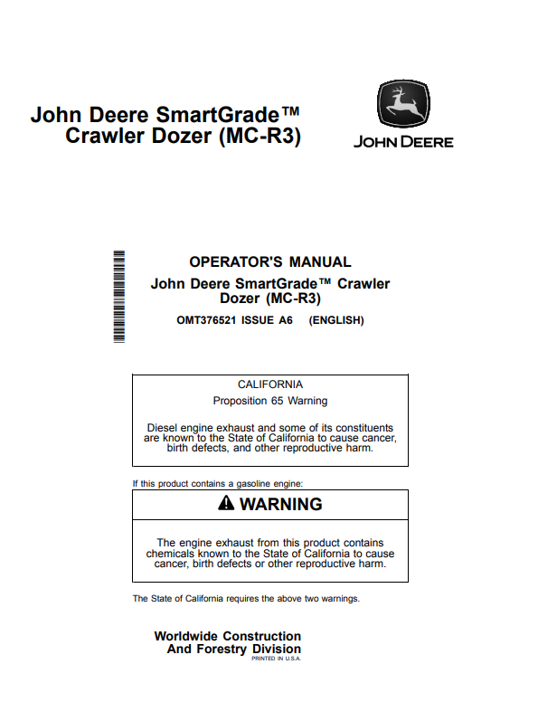 JOHN DEERE 650K, 700K, 750K, 850K, 950K, 850L, 950 P CRAWLER DOZER OPERATOR MANUAL OMT376521
