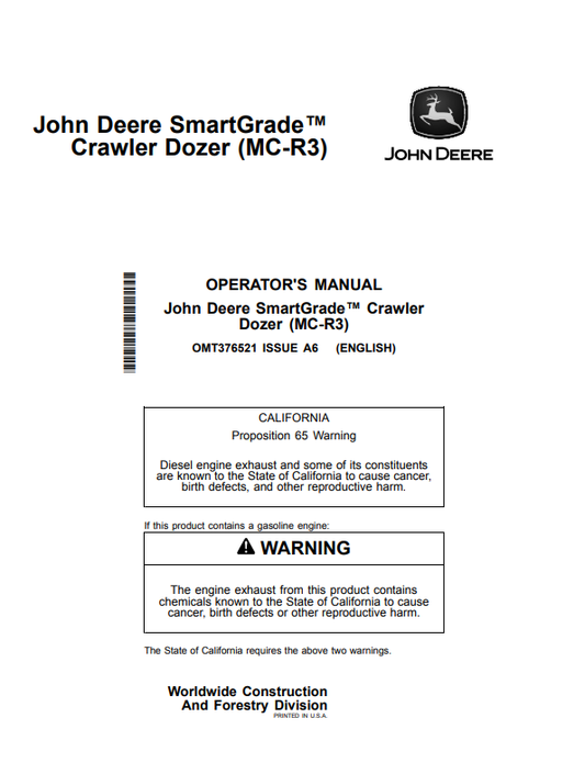 JOHN DEERE 650K, 700K, 750K, 850K, 950K, 850L, 950 P CRAWLER DOZER OPERATOR MANUAL OMT376521