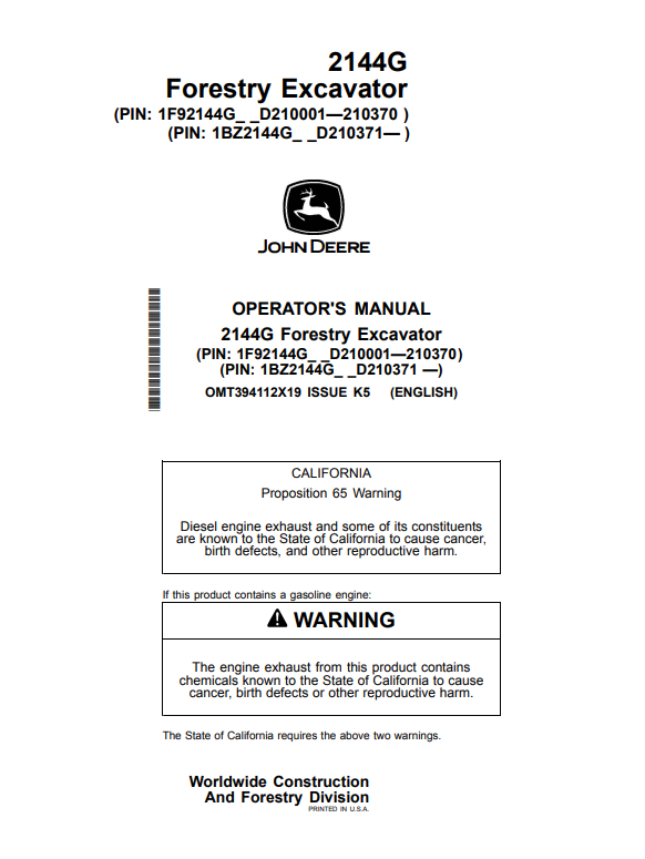 JOHN DEERE 2144G FORESTRY EXCAVATOR OPERATOR MANUAL OMT394112X19