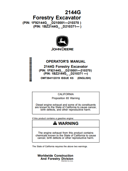 JOHN DEERE 2144G FORESTRY EXCAVATOR OPERATOR MANUAL OMT394112X19