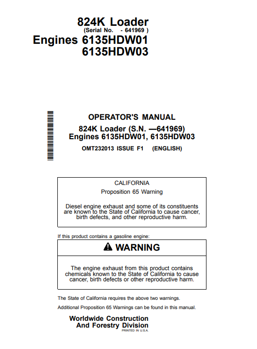 JOHN DEERE 824K LOADER OPERATOR MANUAL OMT232013