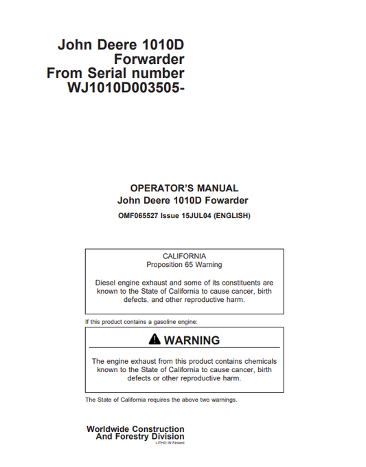 JOHN DEERE 1010D FORWARDER OPERATOR MANUAL OMF065527
