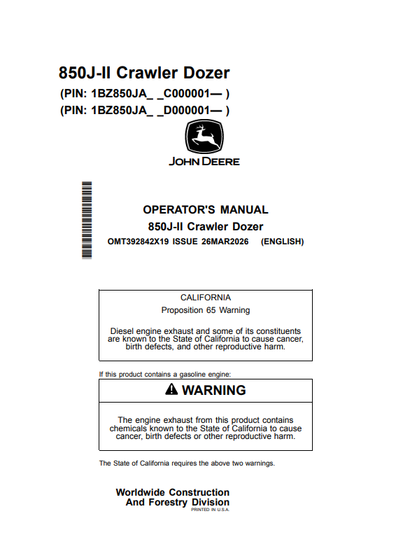 JOHN DEERE 850J-II CRAWLER DOZER OPERATOR MANUAL OMT392842X19