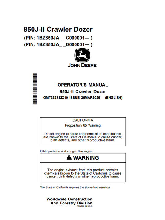 JOHN DEERE 850J-II CRAWLER DOZER OPERATOR MANUAL OMT392842X19