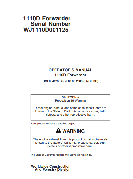 JOHN DEERE 1110D FORWARDER OPERATOR MANUAL OMF064826