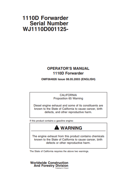 JOHN DEERE 1110D FORWARDER OPERATOR MANUAL OMF064826