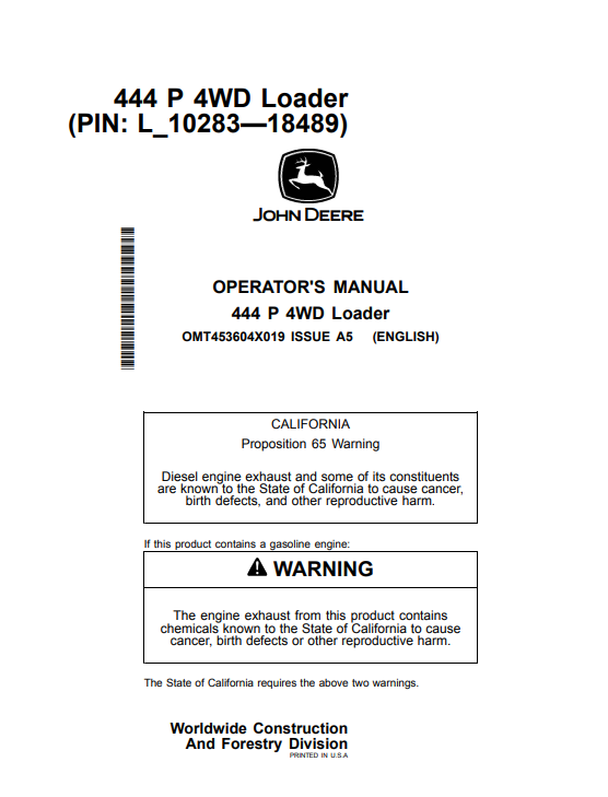 JOHN DEERE 444 P 4WD LOADER OPERATOR MANUAL OMT453604X019