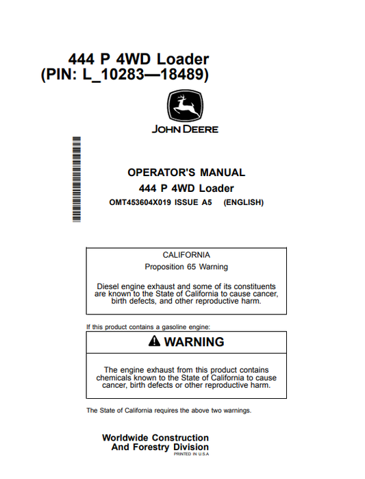 JOHN DEERE 444 P 4WD LOADER OPERATOR MANUAL OMT453604X019