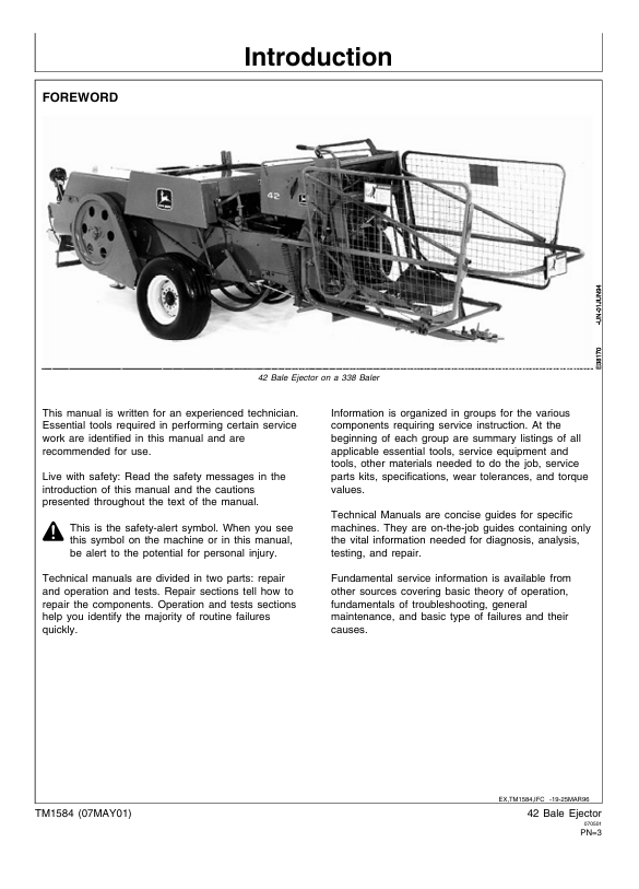JOHN DEERE 42 BALE EJECTOR TECHNICAL MANUAL TM1584