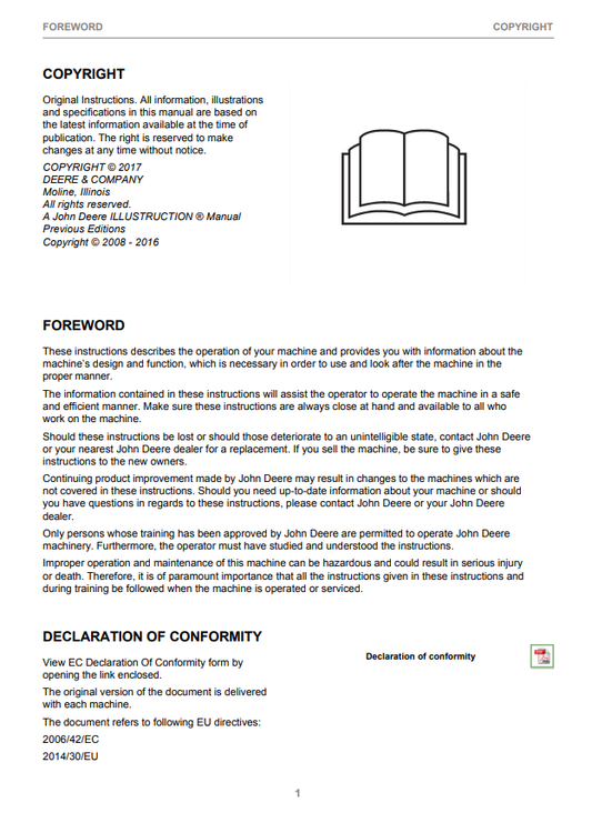 JOHN DEERE 1270E TIER 3 (IT4- PLATFORM) CTL HARVESTER OPERATOR INSTRUCTION MANUAL F677476