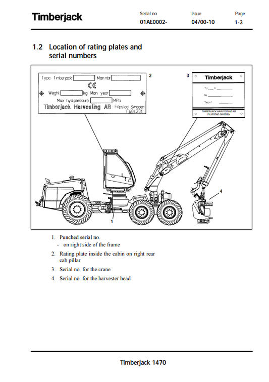 JOHN DEERE TIMBERJACK 1470 HARVESTER (TJ 3000) OPERATOR AND MAINTENANCE MANUAL F061046