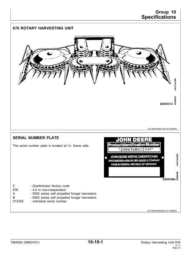 JOHN DEERE 676 ROTARY HARVESTING UNIT TECHNICAL MANUAL TM4528