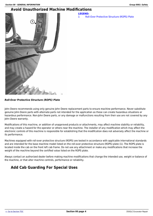 JOHN DEERE 350GLC EXCAVATOR REPAIR TECHNICAL MANUAL TM12179