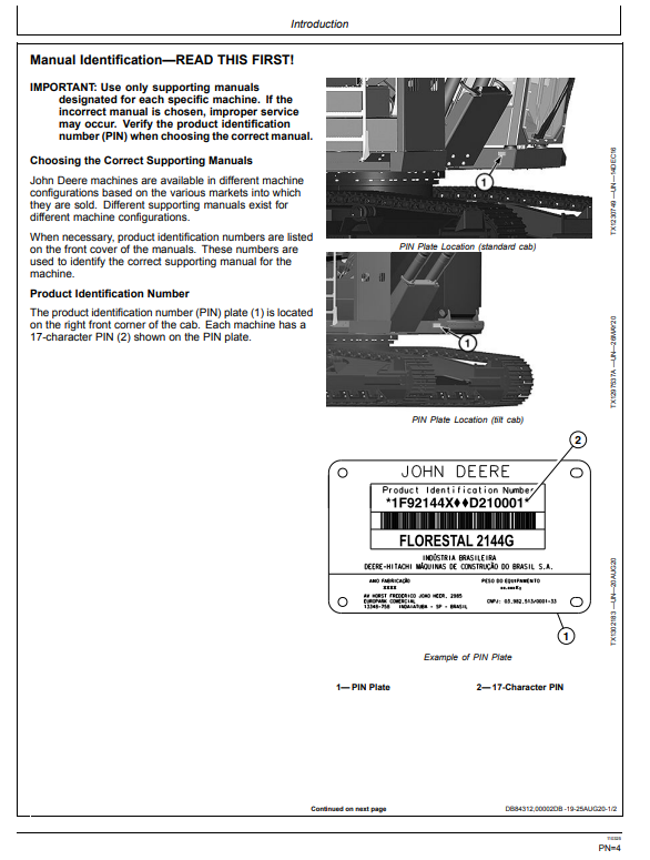 JOHN DEERE 2144G FORESTRY EXCAVATOR OPERATOR MANUAL OMT394112X19