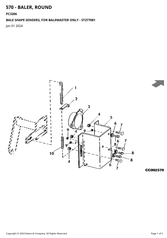 JOHN DEERE 590 - BALER ROUND 570, 580, 590 ROUND BALER PARTS CATALOGUE MANUAL PC3206