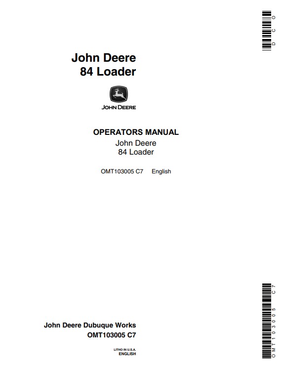 JOHN DEERE 84 LOADER OPERATOR MANUAL OMT103005
