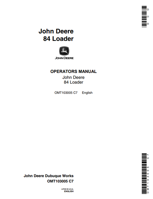 JOHN DEERE 84 LOADER OPERATOR MANUAL OMT103005