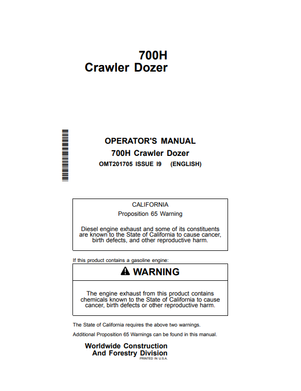 JOHN DEERE 700H CRAWLER DOZER OPERATOR MANUAL OMT201705