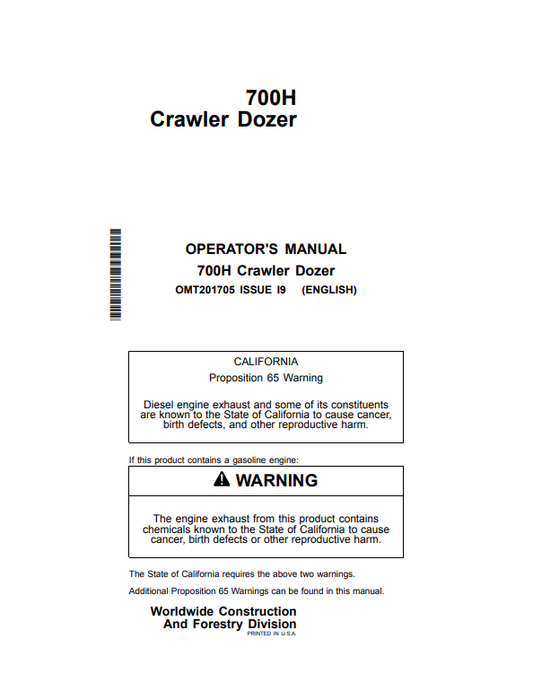JOHN DEERE 700H CRAWLER DOZER OPERATOR MANUAL OMT201705