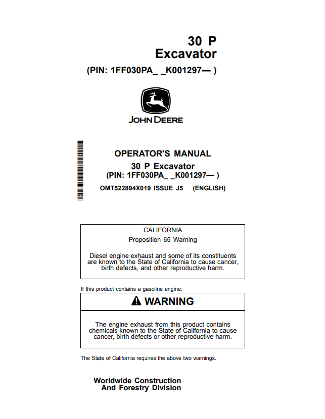 JOHN DEERE 30 P EXCAVATOR OPERATOR MANUAL OMT522894X019