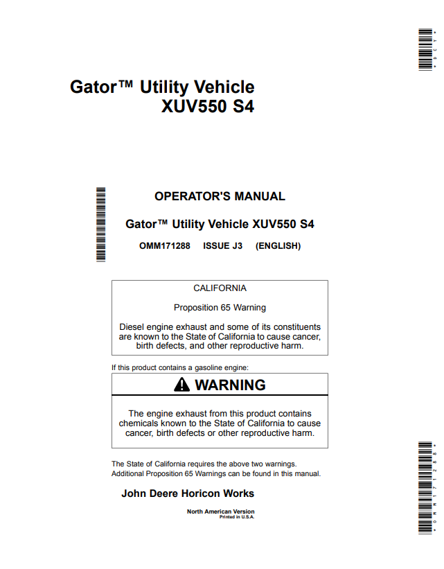 JOHN DEERE GATOR™ UTILITY VEHICLE XUV550 S4 OPERATOR MANUAL OMM171288