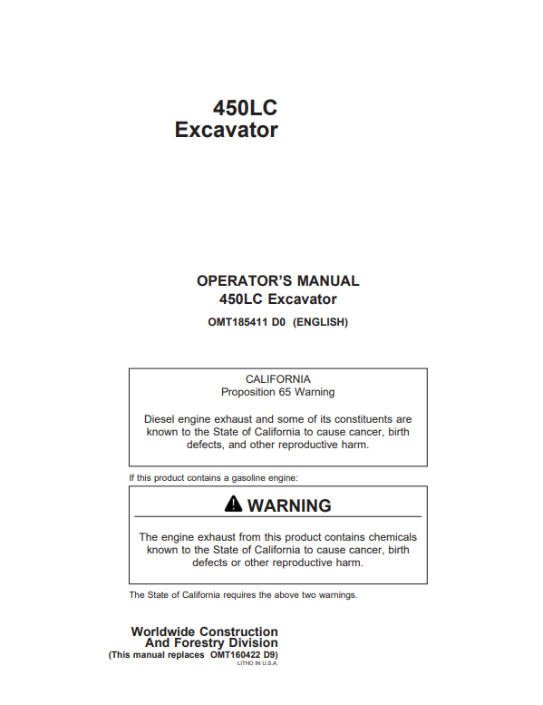 JOHN DEERE 450LC EXCAVATOR OPERATOR MANUAL OMT185411