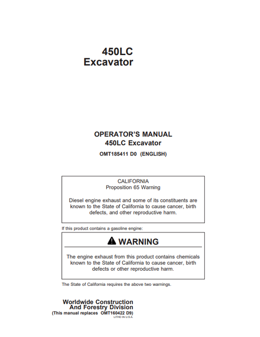 JOHN DEERE 450LC EXCAVATOR OPERATOR MANUAL OMT185411