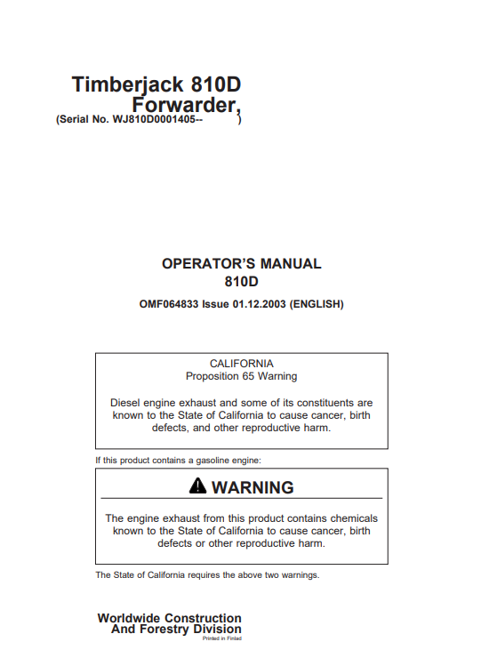JOHN DEERE TIMBERJACK 810D FORWARDER OPERATOR MANUAL OMF064833