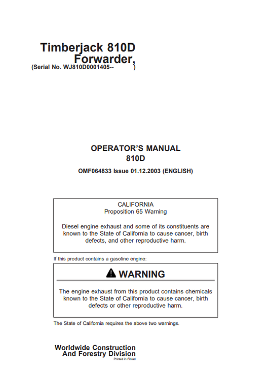 JOHN DEERE TIMBERJACK 810D FORWARDER OPERATOR MANUAL OMF064833