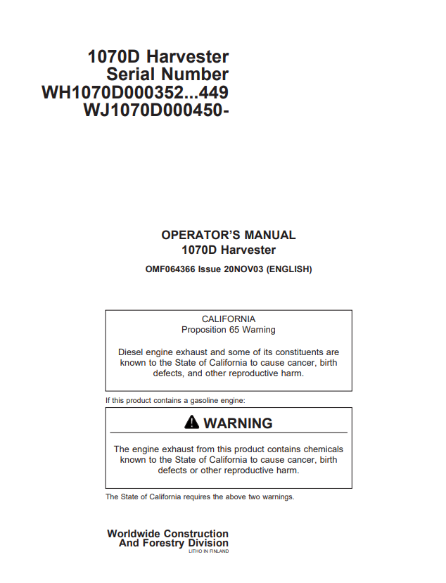 JOHN DEERE 1070D HARVESTER OPERATOR MANUAL OMF064366
