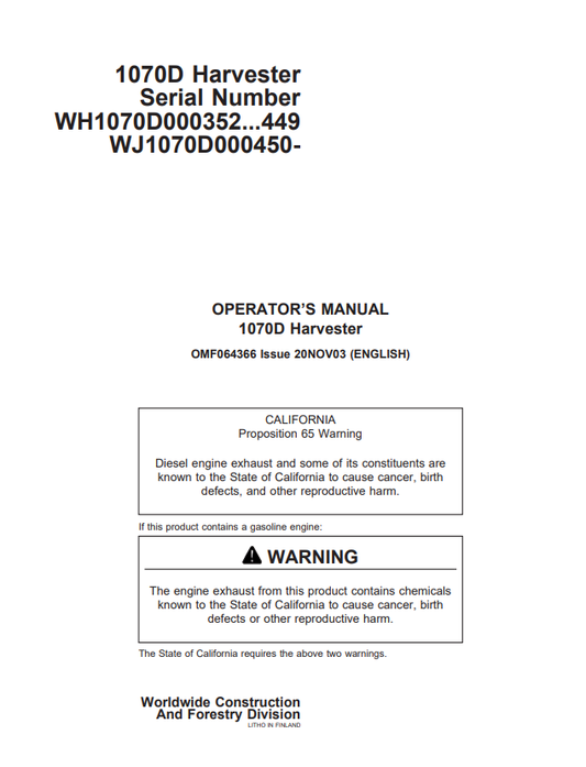 JOHN DEERE 1070D HARVESTER OPERATOR MANUAL OMF064366