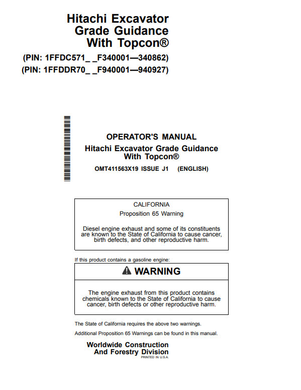 HITACHI ZAXIS210-6N, 350LC-6N, 210LC-6N EXCAVATOR GRADE GUIDANCE WITH TOPCON® OPERATOR MANUAL OMT411563X19