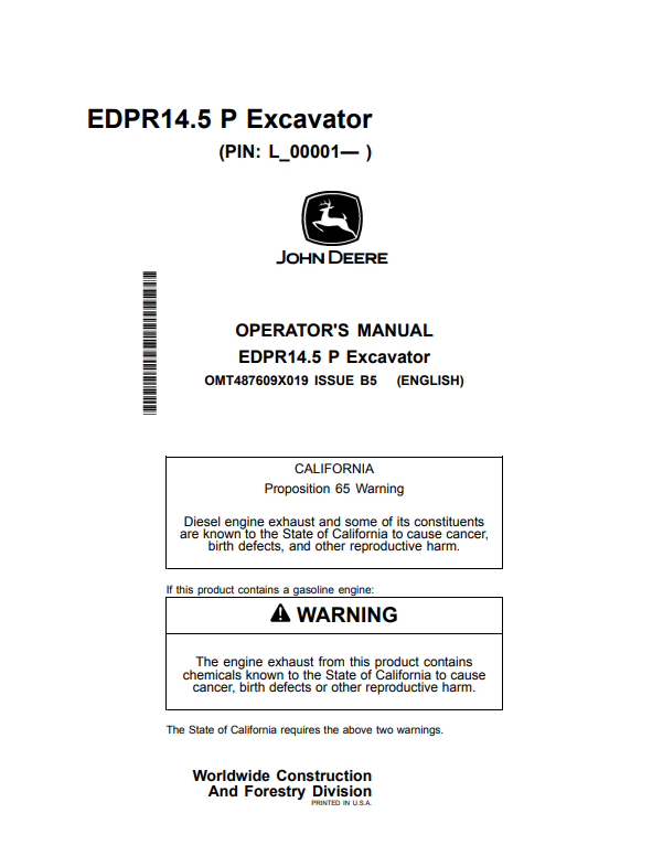 JOHN DEERE EDPR14.5 P EXCAVATOR OPERATOR MANUAL OMT487609X019
