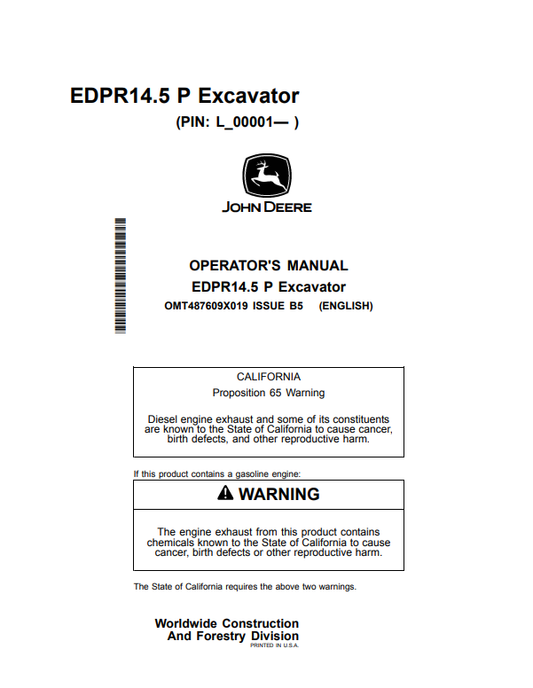 JOHN DEERE EDPR14.5 P EXCAVATOR OPERATOR MANUAL OMT487609X019