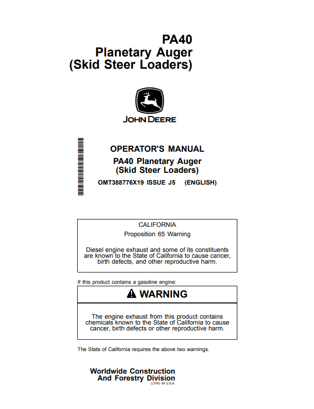 JOHN DEERE PA40 PLANETARY AUGER (SKID STEER LOADER) OPERATOR MANUAL OMT388776X19