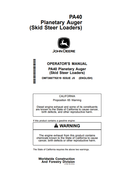 JOHN DEERE PA40 PLANETARY AUGER (SKID STEER LOADER) OPERATOR MANUAL OMT388776X19