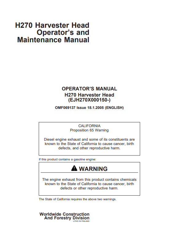 JOHN DEERE H720 HARVESTER HEAD OPERATOR AND MAINTENANCE MANUAL OMF069137