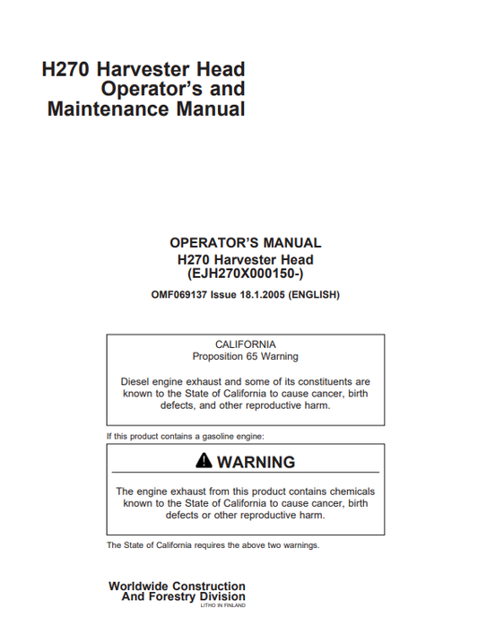 JOHN DEERE H720 HARVESTER HEAD OPERATOR AND MAINTENANCE MANUAL OMF069137