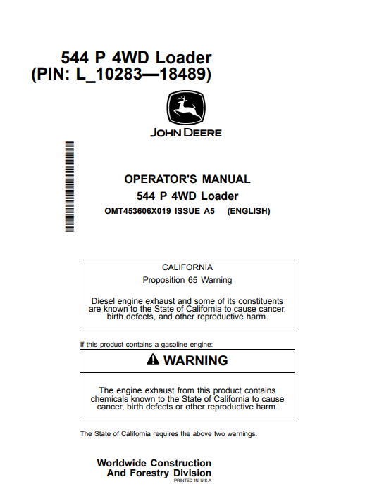 JOHN DEERE 544 P 4WD LOADER OPERATOR MANUAL OMT453606X019