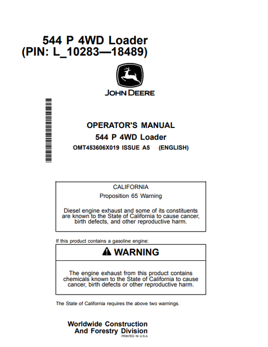 JOHN DEERE 544 P 4WD LOADER OPERATOR MANUAL OMT453606X019