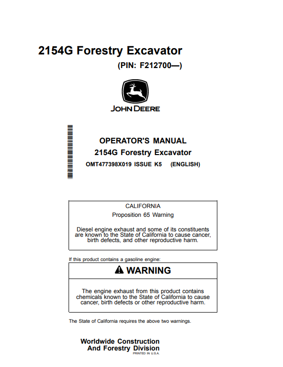 JOHN DEERE 2154G FORESTRY EXCAVATOR OPERATOR MANUAL OMT477398X019