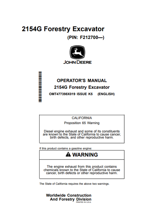 JOHN DEERE 2154G FORESTRY EXCAVATOR OPERATOR MANUAL OMT477398X019