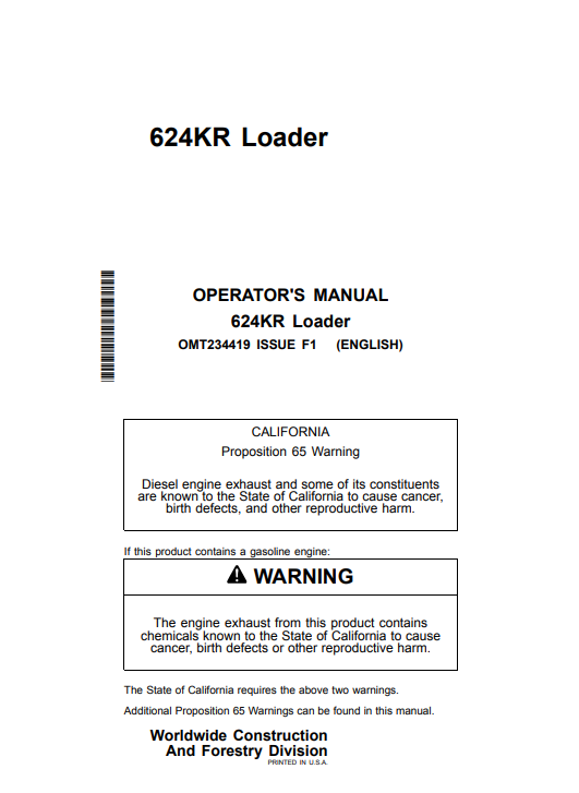 JOHN DEERE 624KR LOADER OPERATOR MANUAL OMT234419
