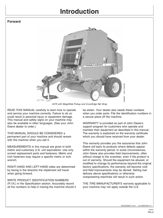 JOHN DEERE 457, 457 SILAGE SPECIAL, AND 557 ROUND BALER OPERATOR MANUAL OME126850