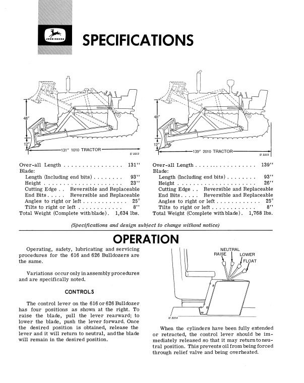 JOHN DEERE 616 AND 626 BULLDOZER OPERATOR MANUAL OMU15835